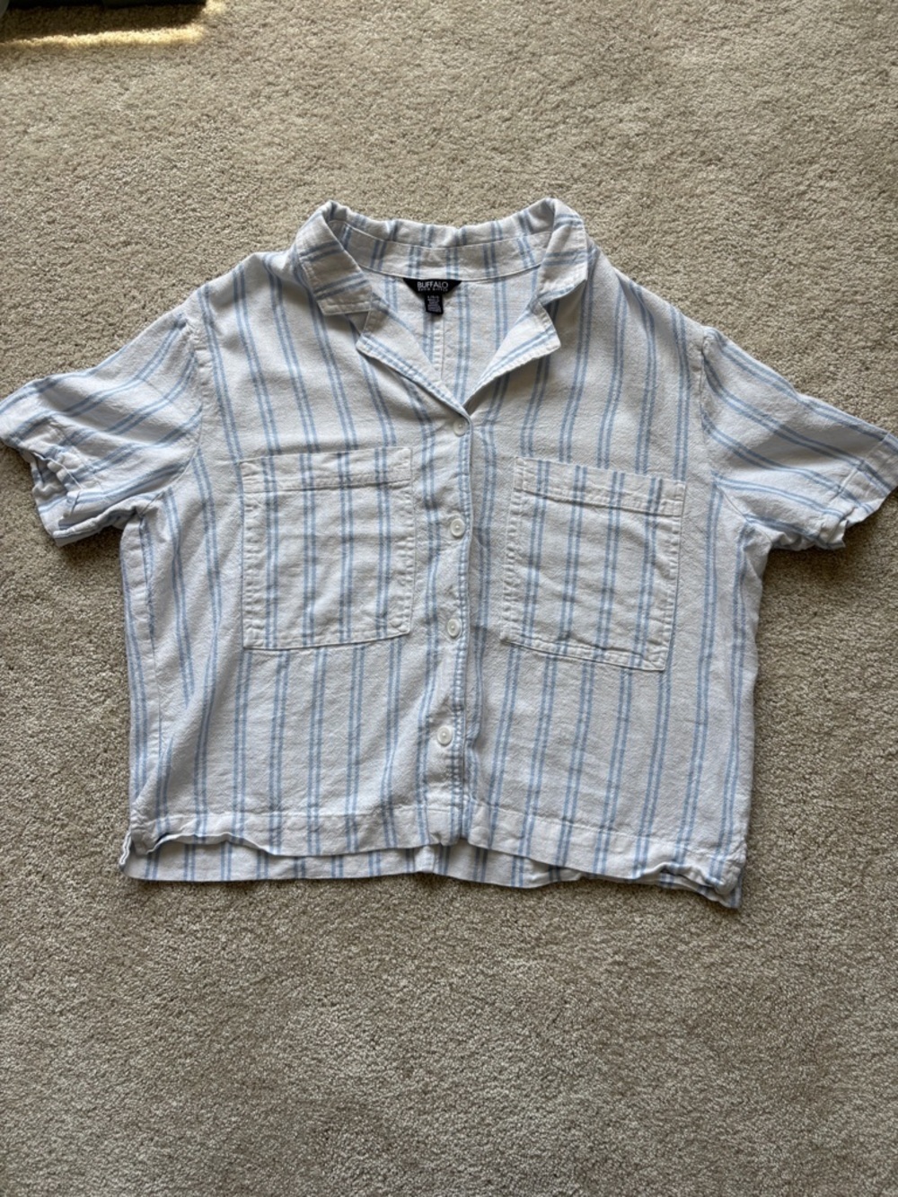 Buffalo David Bitton Light Blue and White Striped Cropped Button-Up Linen Blend